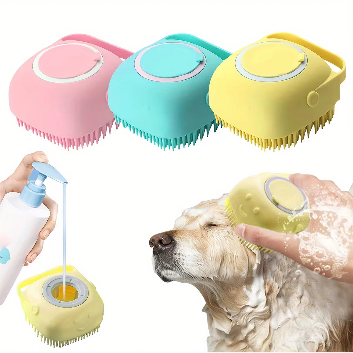 Professional Dog Bathing and Massage Brush with Shampoo Dispenser - Soft Silicone and Rubber Bristles for Grooming Cats and Dogs