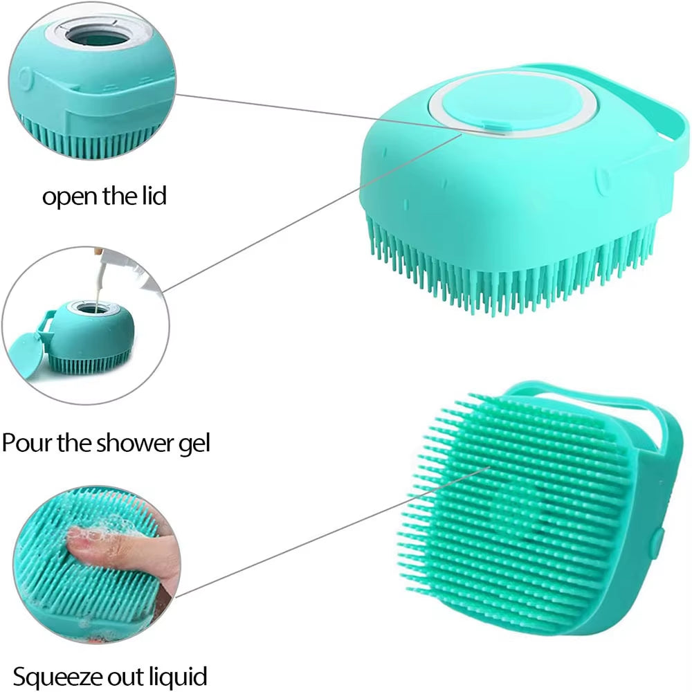 Professional Dog Bathing and Massage Brush with Shampoo Dispenser - Soft Silicone and Rubber Bristles for Grooming Cats and Dogs