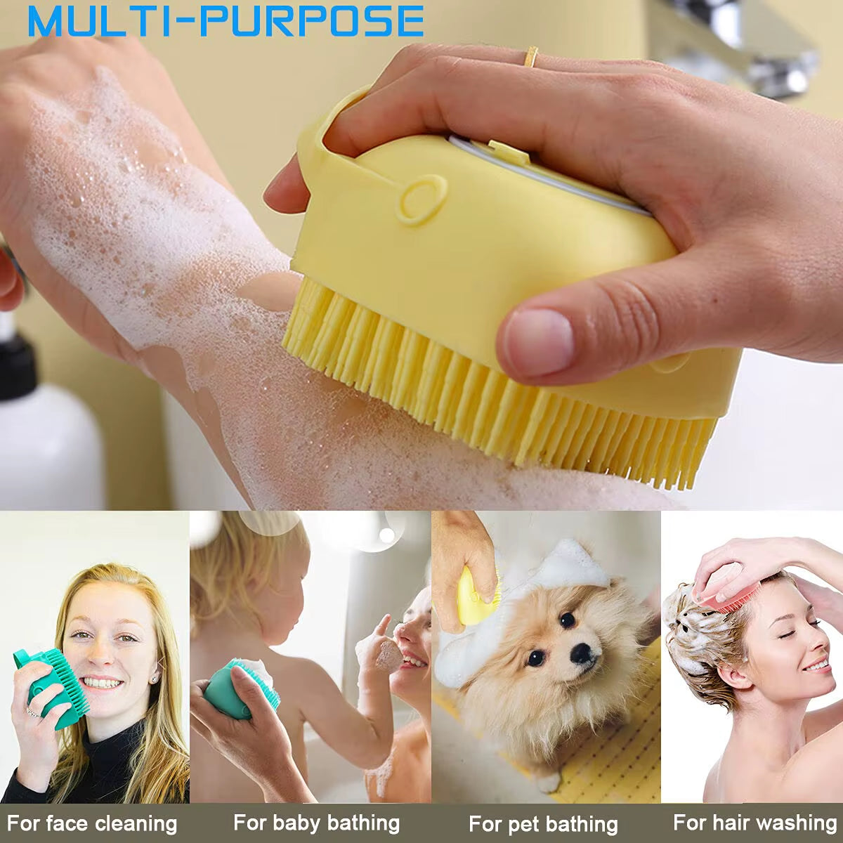 Professional Dog Bathing and Massage Brush with Shampoo Dispenser - Soft Silicone and Rubber Bristles for Grooming Cats and Dogs
