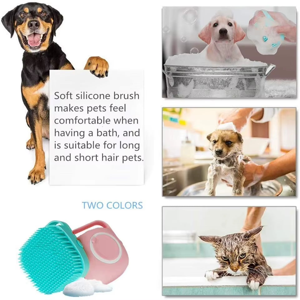 Professional Dog Bathing and Massage Brush with Shampoo Dispenser - Soft Silicone and Rubber Bristles for Grooming Cats and Dogs